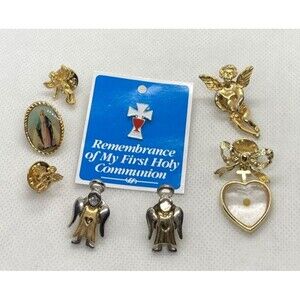 Vintage Lot of 8 Gold Tone Angel Brooch Pin Religious‎ First Communion Cherub